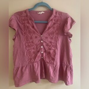 Lucky Brand Mauve Embroidered Cottage Core Blouse